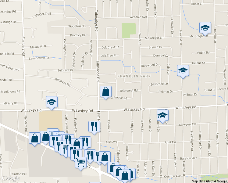 map of restaurants, bars, coffee shops, grocery stores, and more near 5103 Avonhurst Road in Toledo