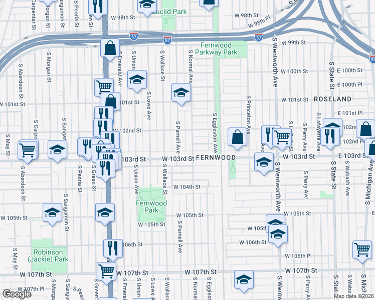 map of restaurants, bars, coffee shops, grocery stores, and more near 10242 South Normal Avenue in Chicago