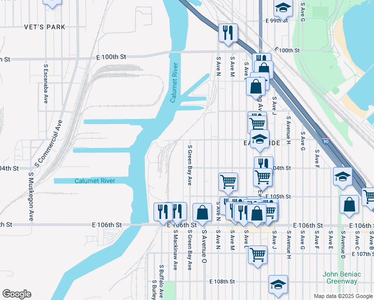 map of restaurants, bars, coffee shops, grocery stores, and more near 10320 South Green Bay Avenue in Chicago
