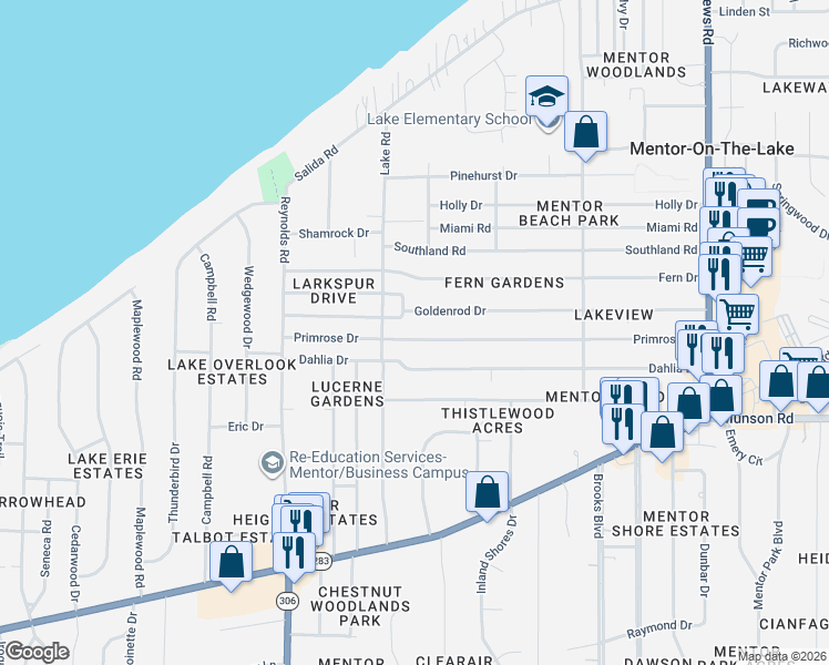 map of restaurants, bars, coffee shops, grocery stores, and more near 7503 Primrose Drive in Mentor-on-the-Lake