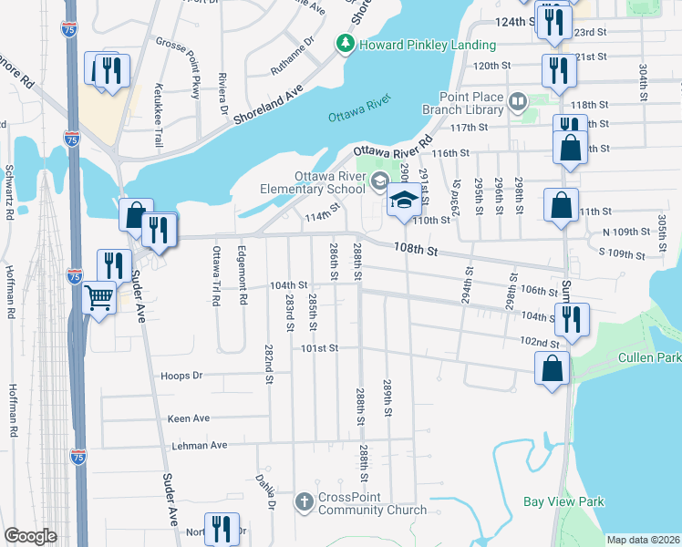 map of restaurants, bars, coffee shops, grocery stores, and more near 4612 286th Street in Toledo