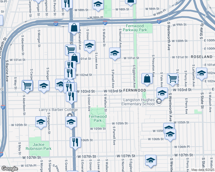 map of restaurants, bars, coffee shops, grocery stores, and more near 10241 South Wallace Street in Chicago