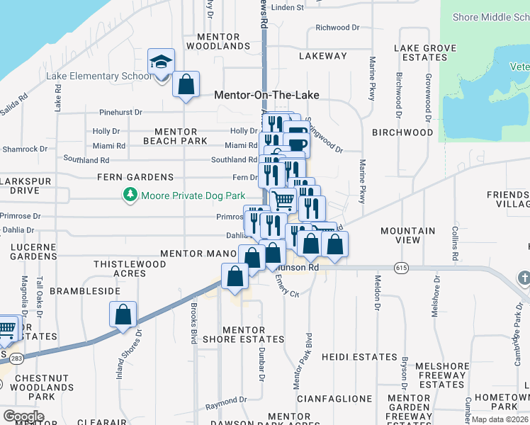 map of restaurants, bars, coffee shops, grocery stores, and more near 6042 Andrews Road in Mentor-on-the-Lake