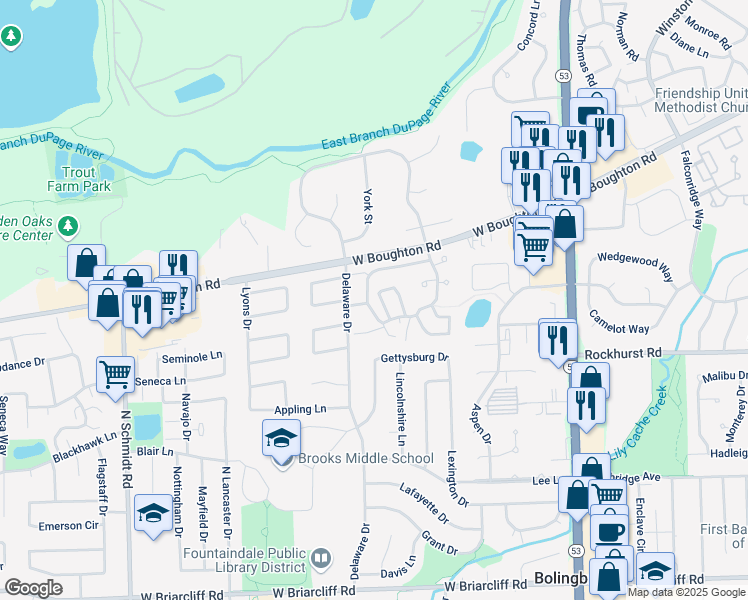 map of restaurants, bars, coffee shops, grocery stores, and more near 337 Kirkwood Circle in Bolingbrook