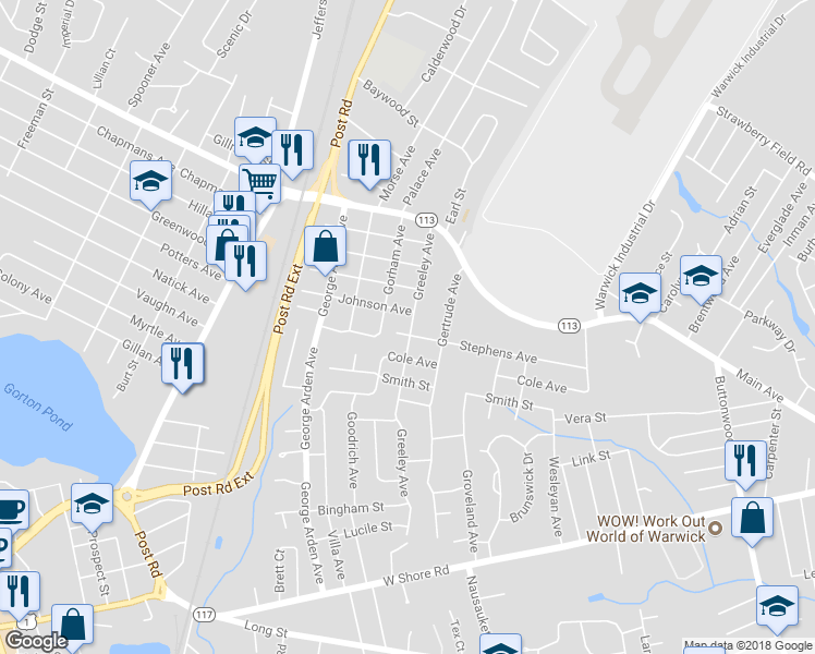 map of restaurants, bars, coffee shops, grocery stores, and more near 111 Greeley Avenue in Warwick