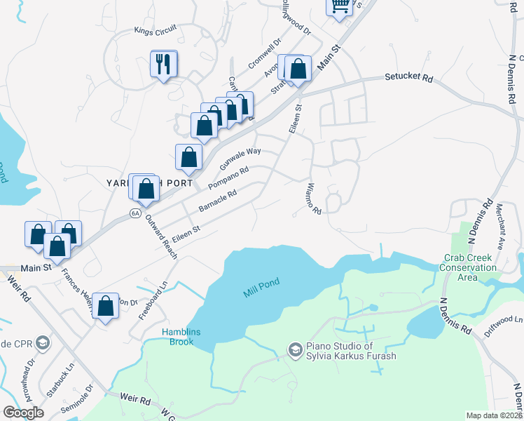 map of restaurants, bars, coffee shops, grocery stores, and more near 10 Gooseneck Road in Yarmouth