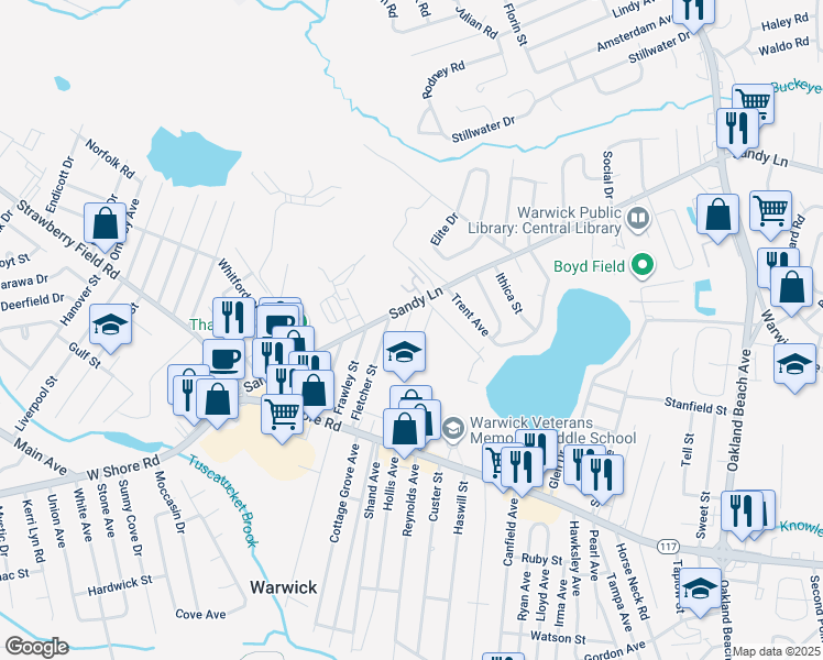 map of restaurants, bars, coffee shops, grocery stores, and more near 26 Stetson Street in Warwick