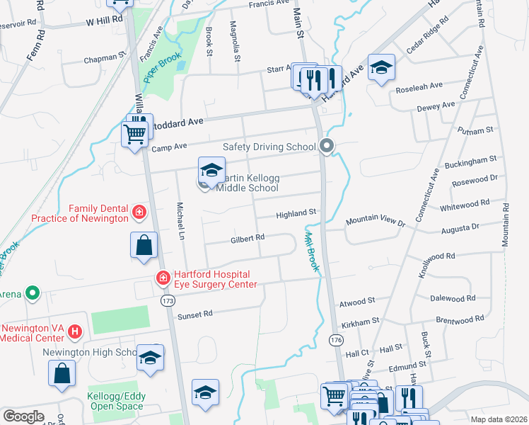 map of restaurants, bars, coffee shops, grocery stores, and more near 76 Highland Street in Newington