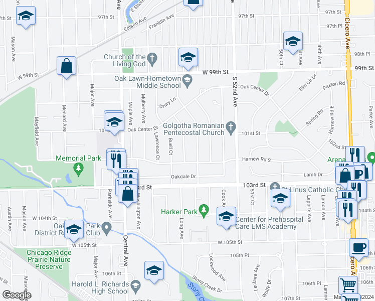 map of restaurants, bars, coffee shops, grocery stores, and more near 10137 Alice Court in Oak Lawn