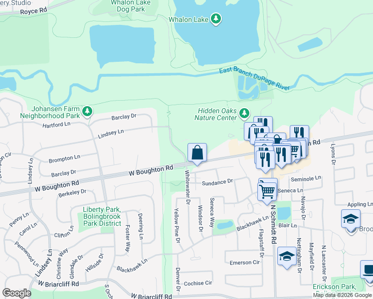 map of restaurants, bars, coffee shops, grocery stores, and more near 350 Whitewater Drive in Bolingbrook