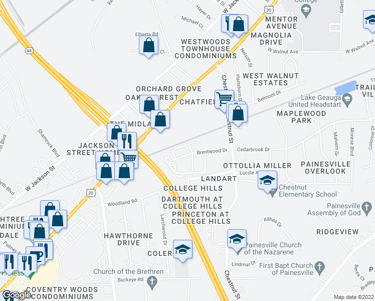 map of restaurants, bars, coffee shops, grocery stores, and more near 227 Brentwood Drive in Painesville