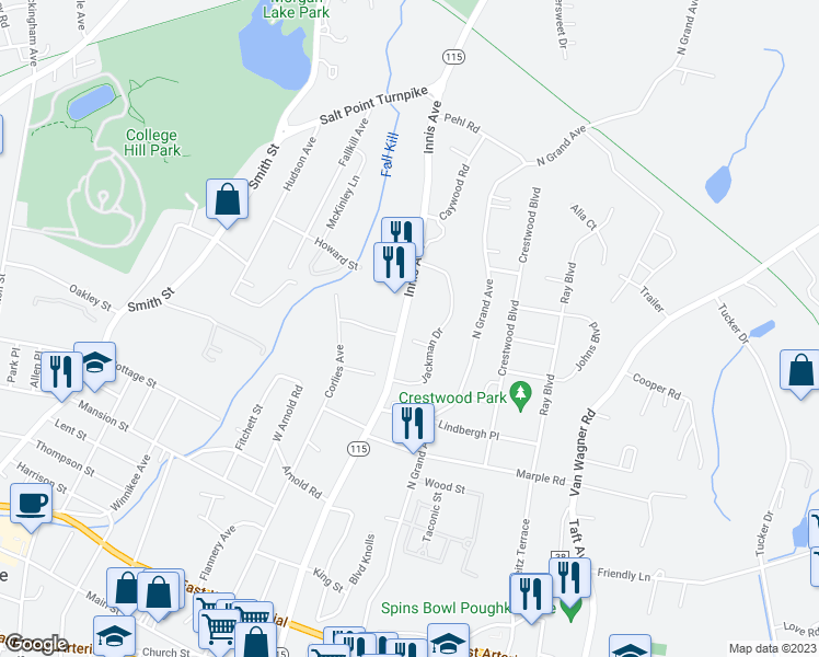 map of restaurants, bars, coffee shops, grocery stores, and more near 179 Innis Avenue in Poughkeepsie