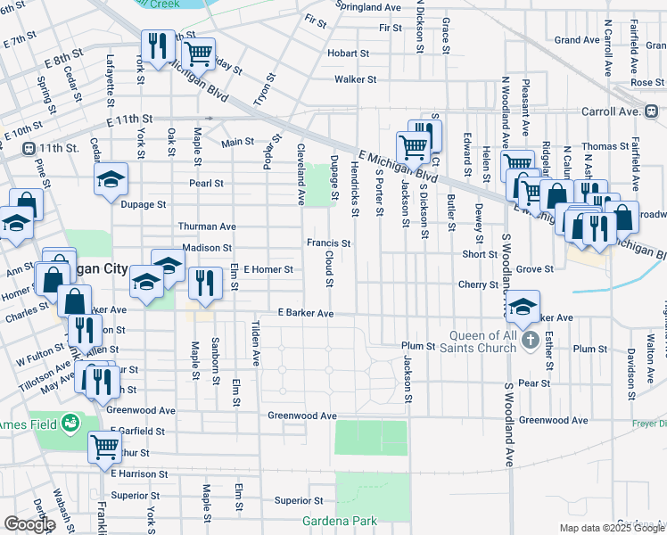 map of restaurants, bars, coffee shops, grocery stores, and more near 320 Cloud Street in Michigan City