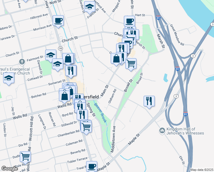 map of restaurants, bars, coffee shops, grocery stores, and more near 55 Main St in Wethersfield