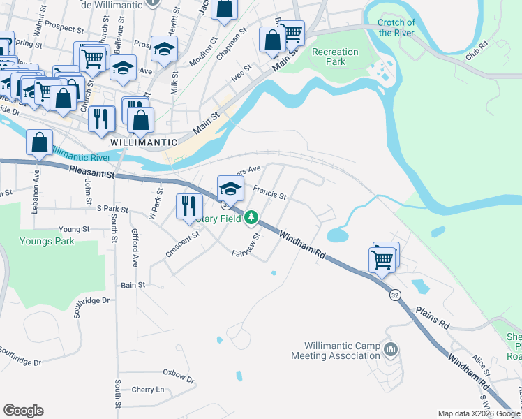 map of restaurants, bars, coffee shops, grocery stores, and more near 10 Potter Street in Windham