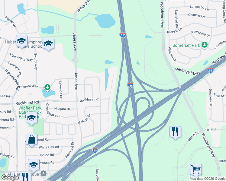 map of restaurants, bars, coffee shops, grocery stores, and more near 312 Stonegate Road in Bolingbrook
