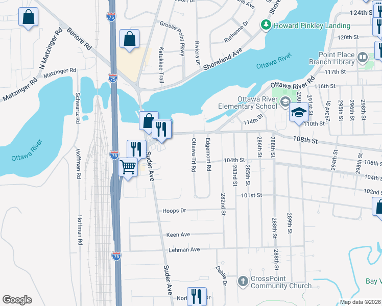 map of restaurants, bars, coffee shops, grocery stores, and more near 4735 Ottawa Trail Drive in Toledo
