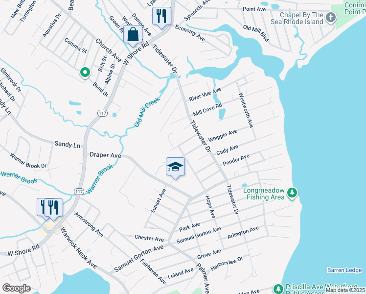 map of restaurants, bars, coffee shops, grocery stores, and more near 41 Clara Avenue in Warwick