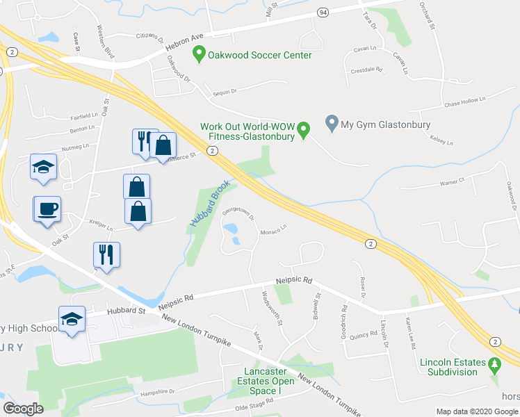 map of restaurants, bars, coffee shops, grocery stores, and more near 256 Georgetown Drive in Glastonbury