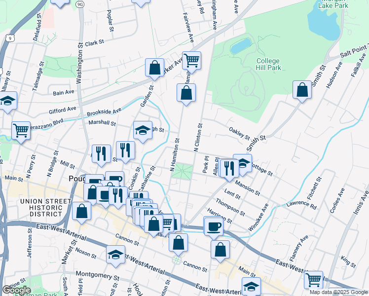 map of restaurants, bars, coffee shops, grocery stores, and more near 30 Cottage Street in Poughkeepsie