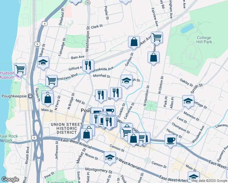 map of restaurants, bars, coffee shops, grocery stores, and more near 92 Garden Street in Poughkeepsie