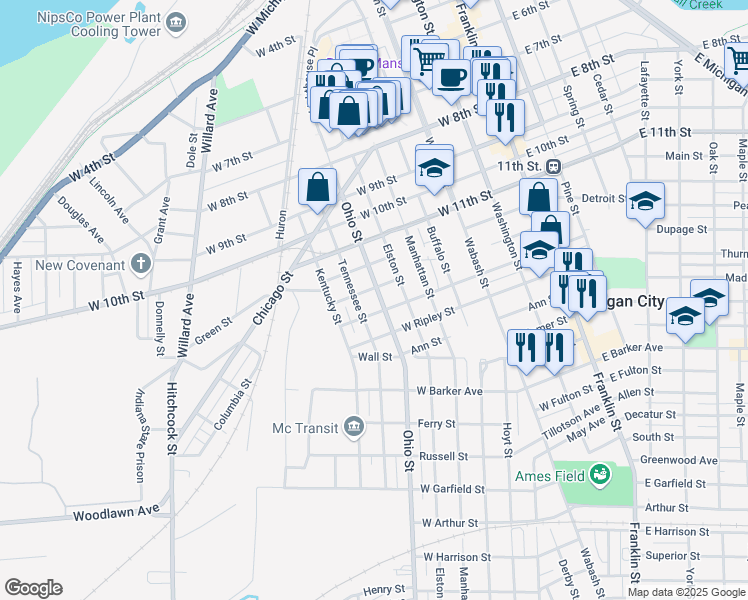 map of restaurants, bars, coffee shops, grocery stores, and more near 1311 Ohio Street in Michigan City