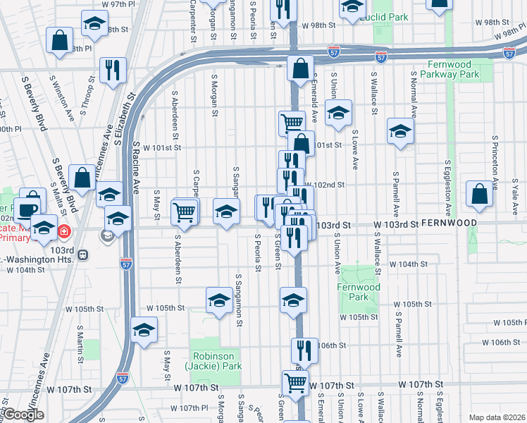 map of restaurants, bars, coffee shops, grocery stores, and more near 10239 South Peoria Street in Chicago
