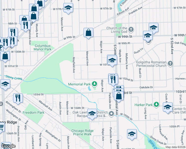 map of restaurants, bars, coffee shops, grocery stores, and more near 5721 West 101st Place in Oak Lawn