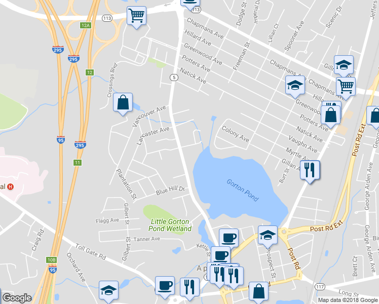 map of restaurants, bars, coffee shops, grocery stores, and more near 1050 Greenwich Avenue in Warwick