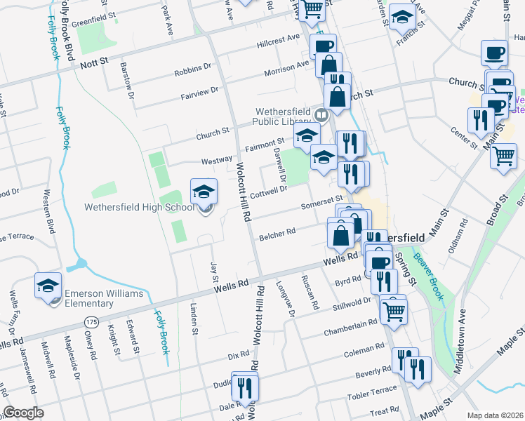 map of restaurants, bars, coffee shops, grocery stores, and more near 8 Somerset Street in Wethersfield