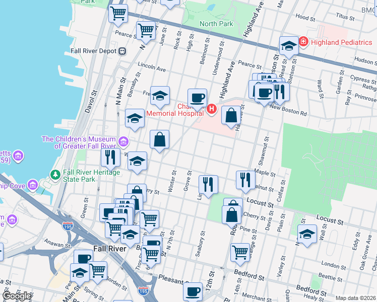 map of restaurants, bars, coffee shops, grocery stores, and more near 343 Grove Street in Fall River