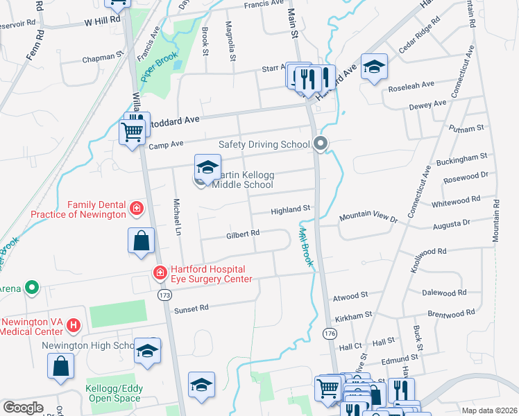 map of restaurants, bars, coffee shops, grocery stores, and more near 76 Highland Street in Newington