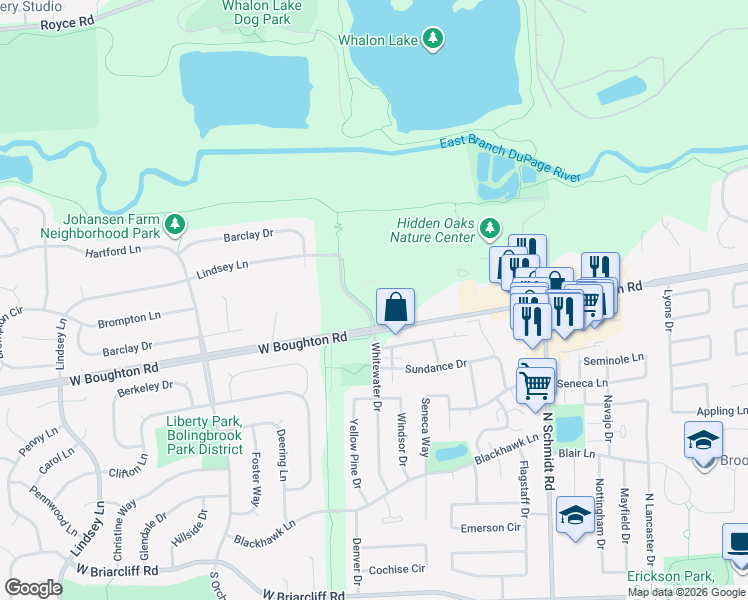 map of restaurants, bars, coffee shops, grocery stores, and more near 350 Whitewater Drive in Bolingbrook