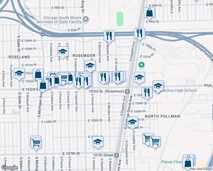 map of restaurants, bars, coffee shops, grocery stores, and more near 518 East 103rd Street in Chicago