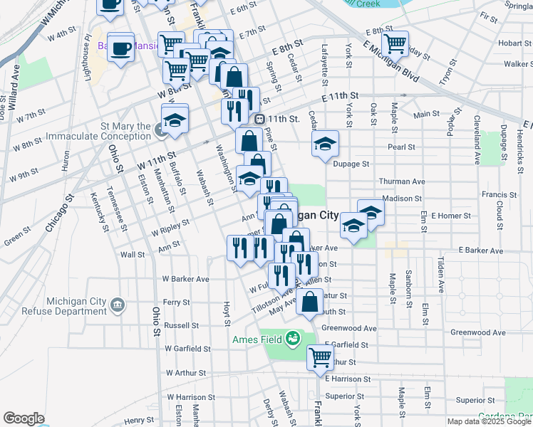 map of restaurants, bars, coffee shops, grocery stores, and more near 120 Ann Street in Michigan City