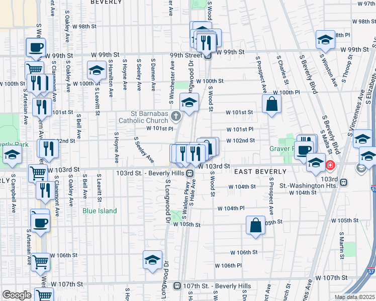 map of restaurants, bars, coffee shops, grocery stores, and more near 10210 South Walden Parkway in Chicago