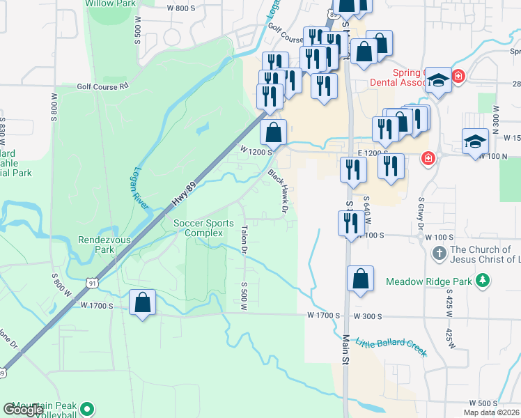 map of restaurants, bars, coffee shops, grocery stores, and more near 155 West 1310 South in Logan