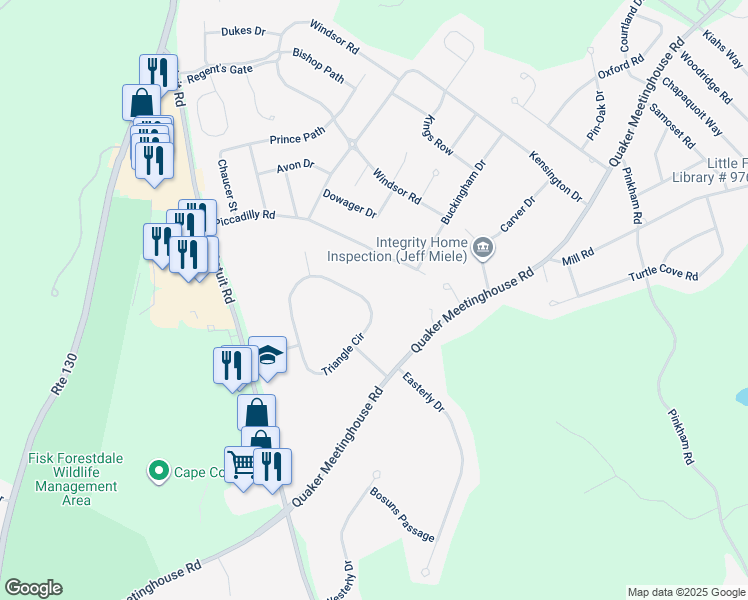 map of restaurants, bars, coffee shops, grocery stores, and more near 39 Triangle Circle in Sandwich