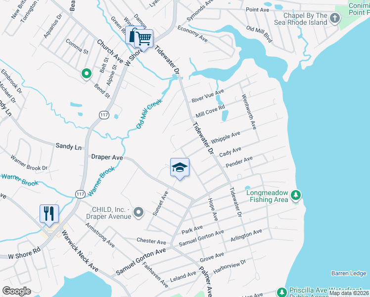 map of restaurants, bars, coffee shops, grocery stores, and more near 41 Clara Avenue in Warwick