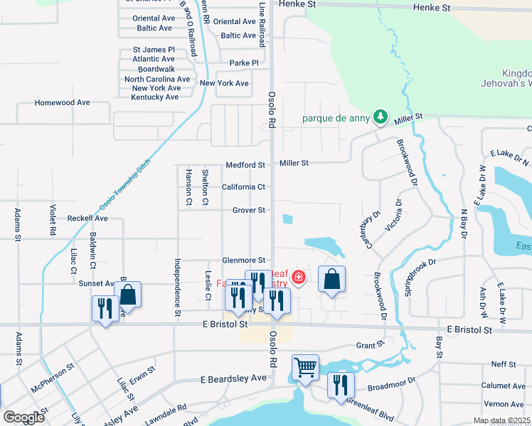 map of restaurants, bars, coffee shops, grocery stores, and more near 1909 Grover Street in Elkhart
