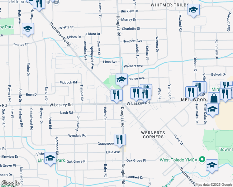 map of restaurants, bars, coffee shops, grocery stores, and more near 2501-2559 Tremainsville Rd in Toledo