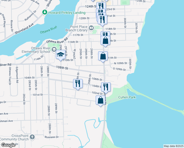 map of restaurants, bars, coffee shops, grocery stores, and more near 2702 108th Street in Toledo