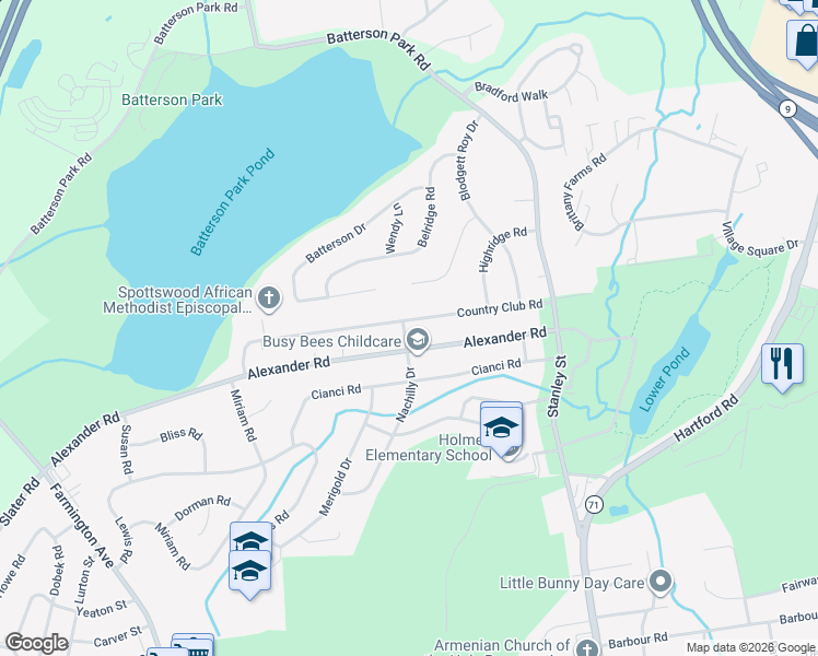 map of restaurants, bars, coffee shops, grocery stores, and more near 158 Country Club Road in New Britain