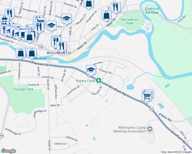 map of restaurants, bars, coffee shops, grocery stores, and more near 168 Windham Road in Windham