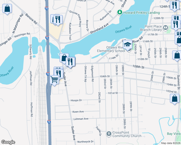 map of restaurants, bars, coffee shops, grocery stores, and more near 4715 Edgemont Road in Toledo