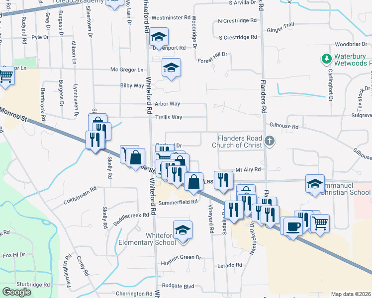map of restaurants, bars, coffee shops, grocery stores, and more near 4951 Borland Drive in Sylvania