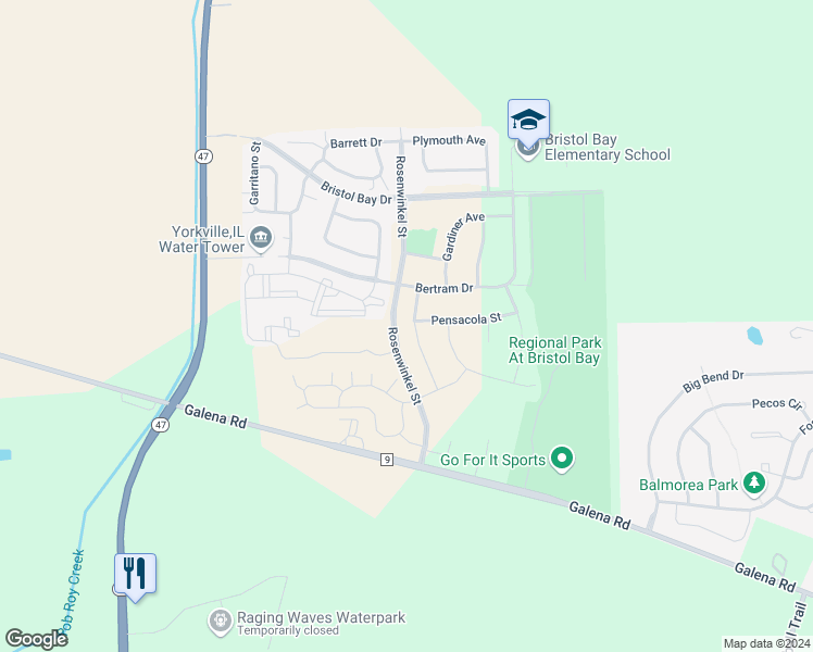 map of restaurants, bars, coffee shops, grocery stores, and more near 4473 Tampa Drive in Yorkville