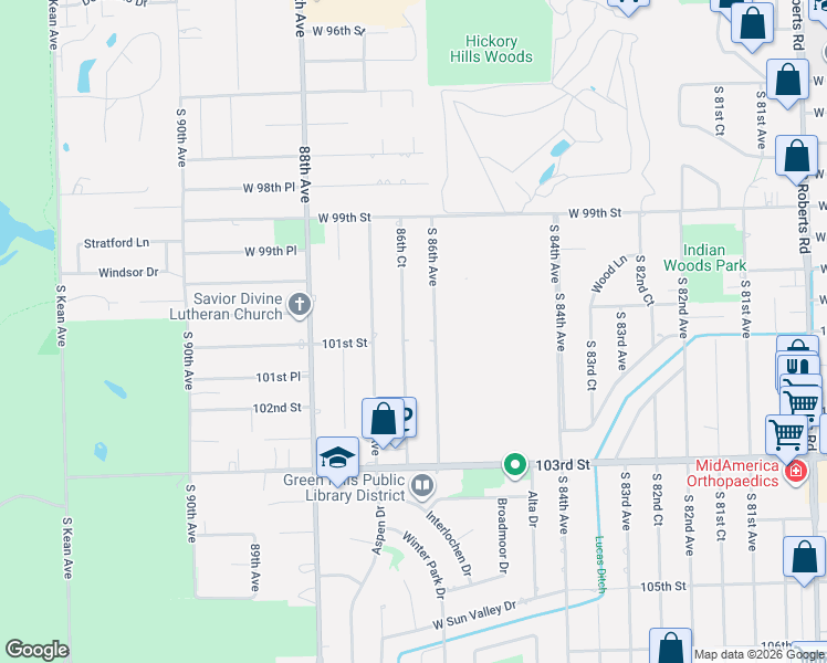 map of restaurants, bars, coffee shops, grocery stores, and more near 10064 South 86th Avenue in Palos Hills