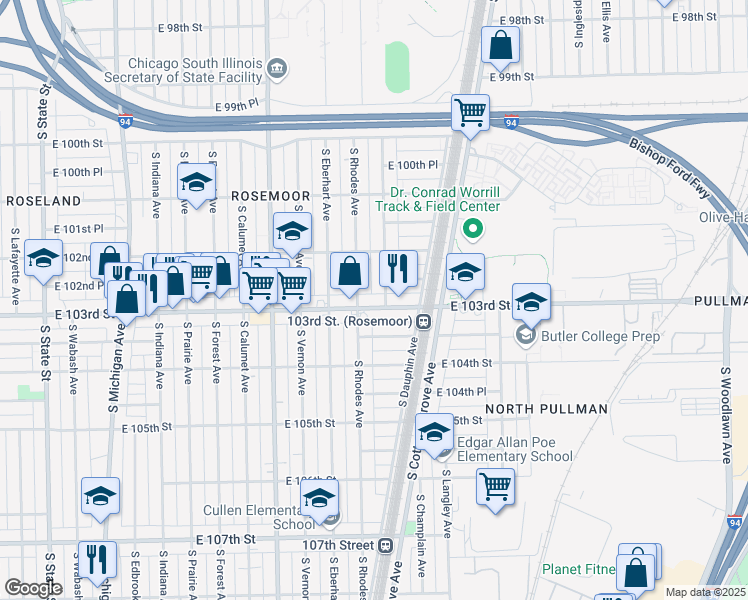 map of restaurants, bars, coffee shops, grocery stores, and more near 548 East 103rd Street in Chicago
