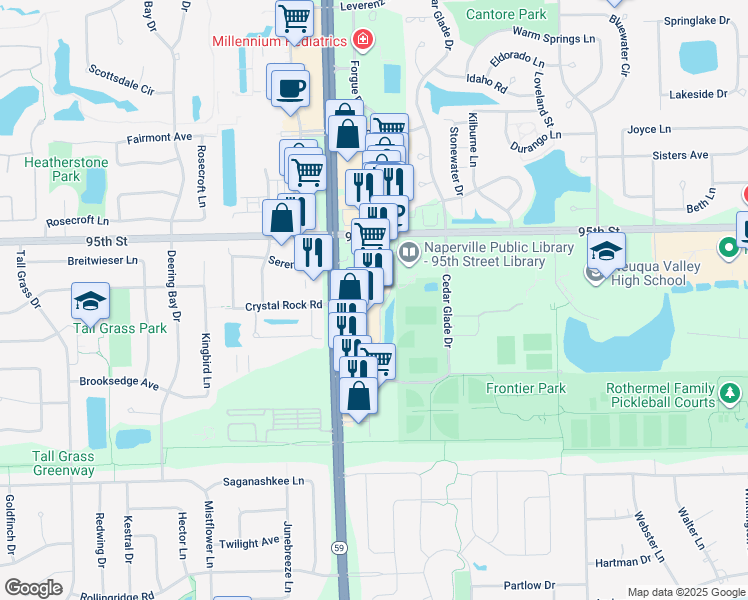 map of restaurants, bars, coffee shops, grocery stores, and more near 3124 Illinois Route 59 in Naperville